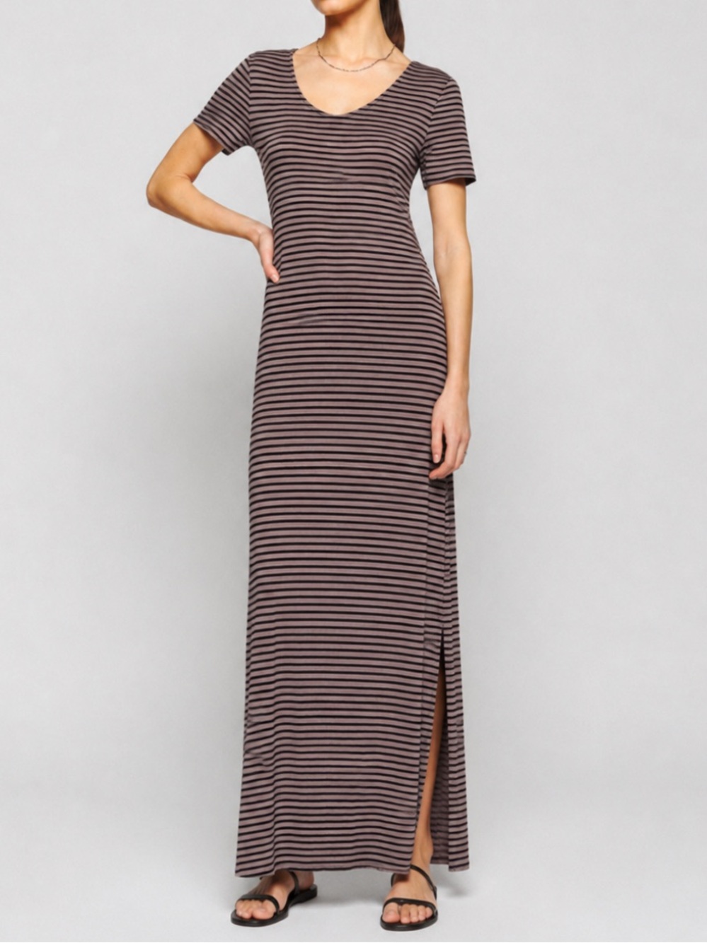 NWT Artisan NY Striped Navy Gray Side Slits Maxi Dress L